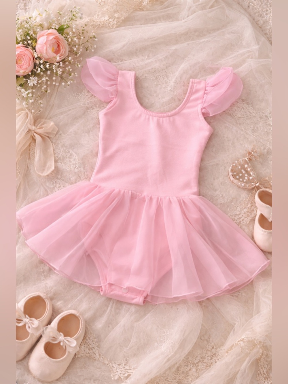 Pink Tulle Flutter-Sleeve Ballet Dress Leotard for Kids